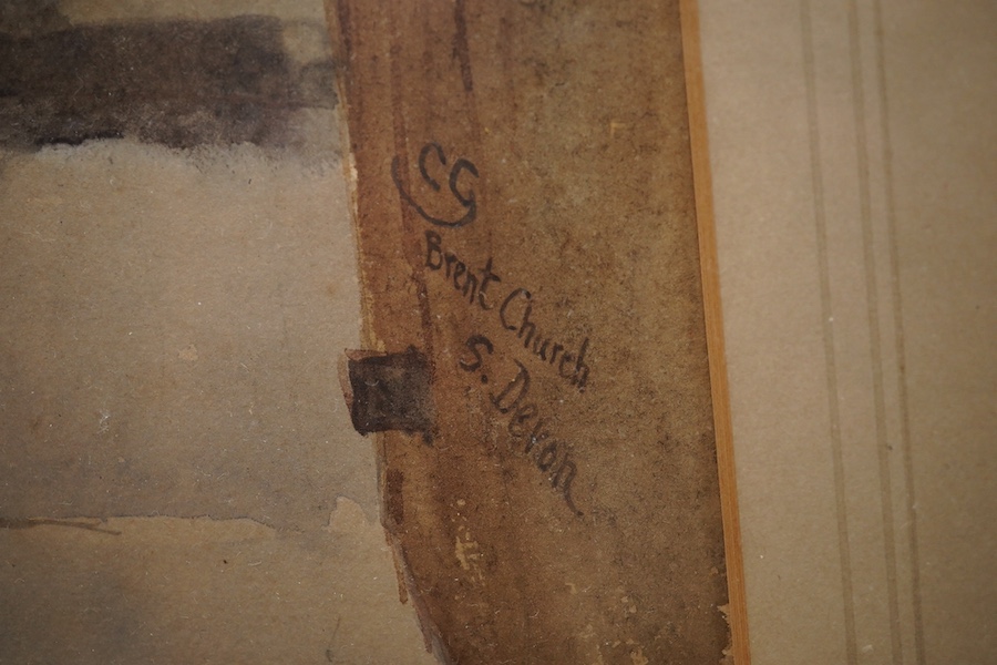 C.G, watercolour, ‘Brent Church, S. Devon’, monogrammed together with a charcoal study, oxen before mountains, monogrammed and dated 1933, largest 29 x 41cm. Condition - fair, staining to charcoal